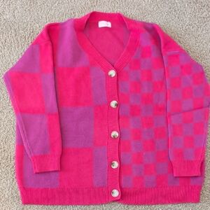 Pink Lily Hot Pink & Purple Checkerboard Cardigan
